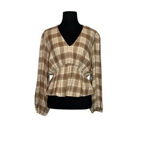 And Now This brown plaid 3/4 sleeves blouse size large